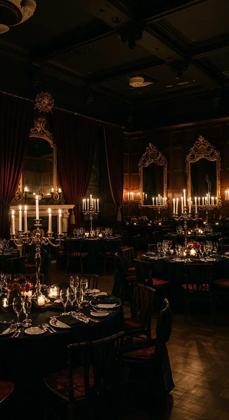 Donkere feestzaal met zwarte tafels, gouden kandelabers met kaarsen, rode gordijnen.
