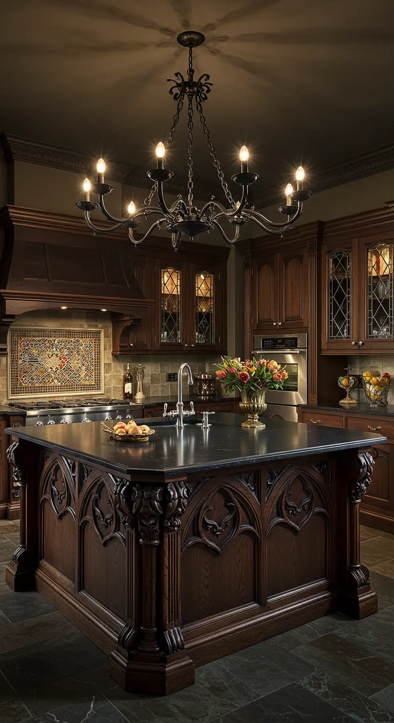 Rijke traditionele keuken met donkerhouten kookeiland met sierlijk gotisch houtsnijwerk en kroonluchter.