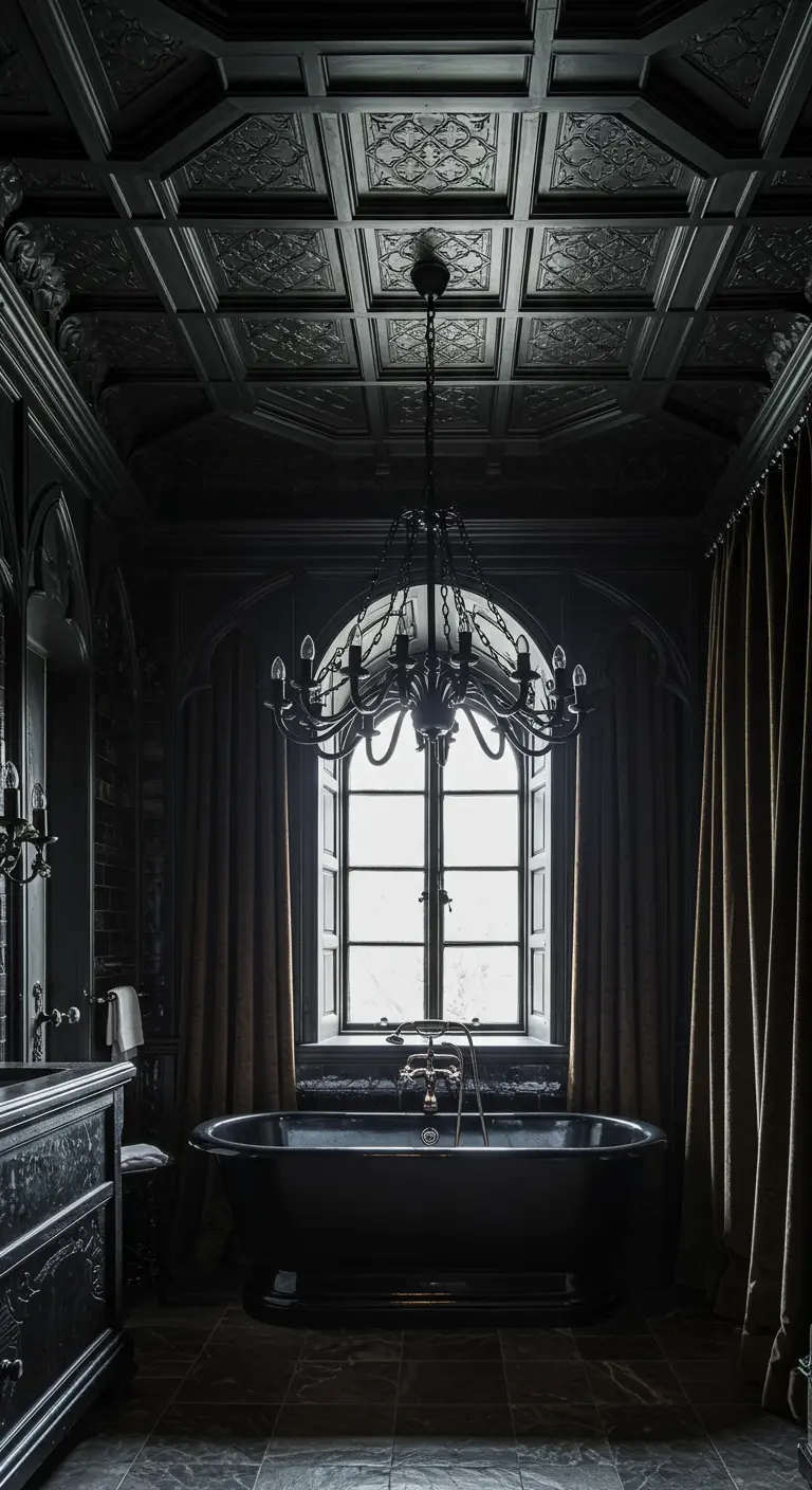 Donkere, gotische badkamer met zwarte wandpanelen, gebeeldhouwd plafond en een grote zwarte kroonluchter.