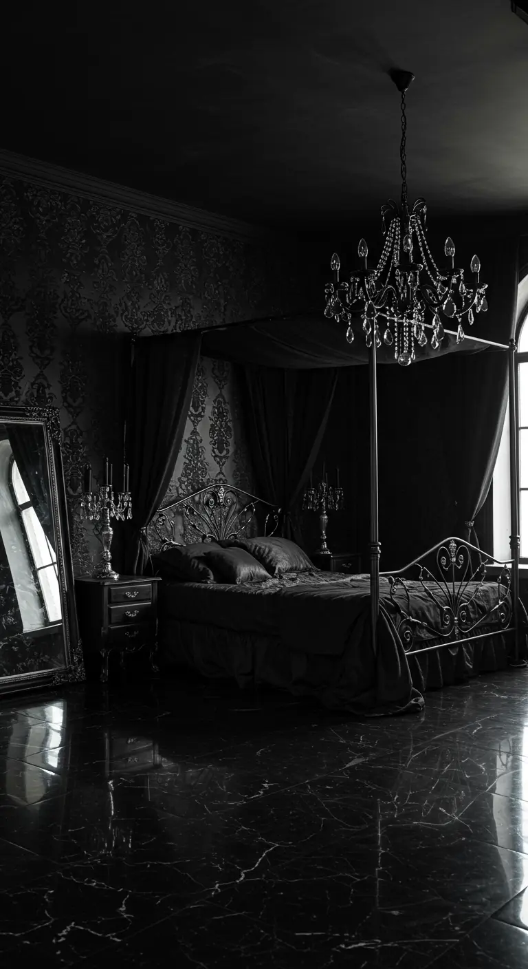 Donkere slaapkamer met gotisch vier-poster bed, barok behang en een glanzende vloer.