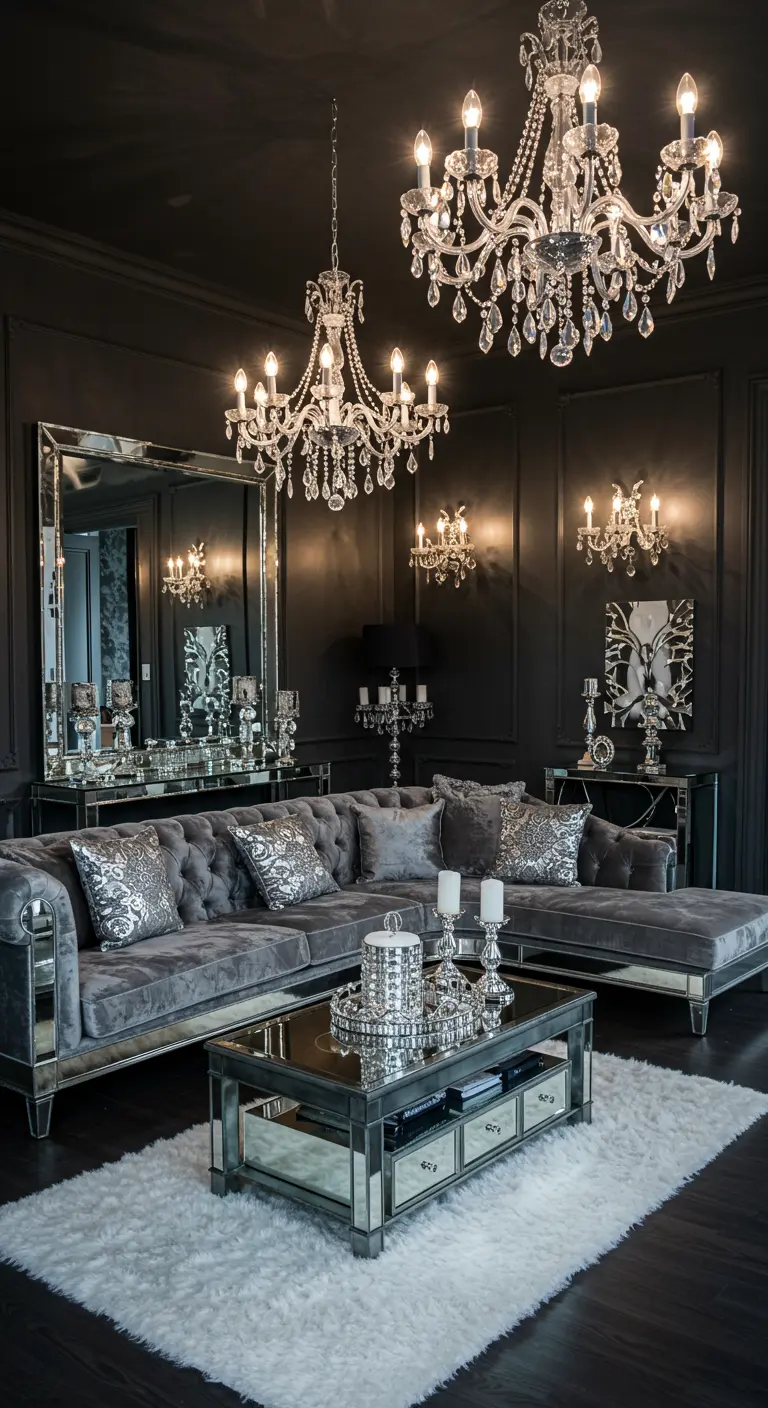 Glamoureuze donkere woonkamer met grijze fluwelen bank, spiegelmeubels en kristallen kroonluchters.