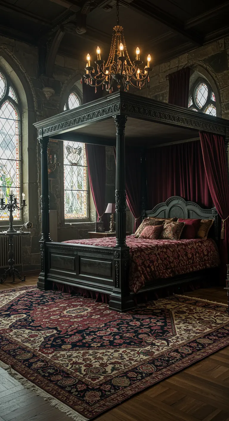 Donkere, gotische slaapkamer met een groot houten hemelbed, hoge ramen en dramatische verlichting.