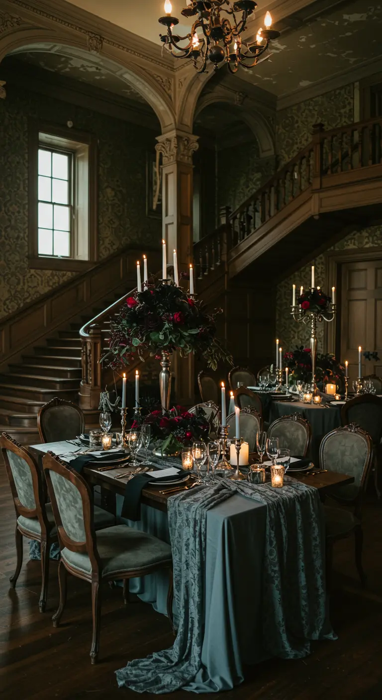 Donkerromantisch bruiloftsdiner in landhuis met hoge kandelaars en dramatische bloemstukken.