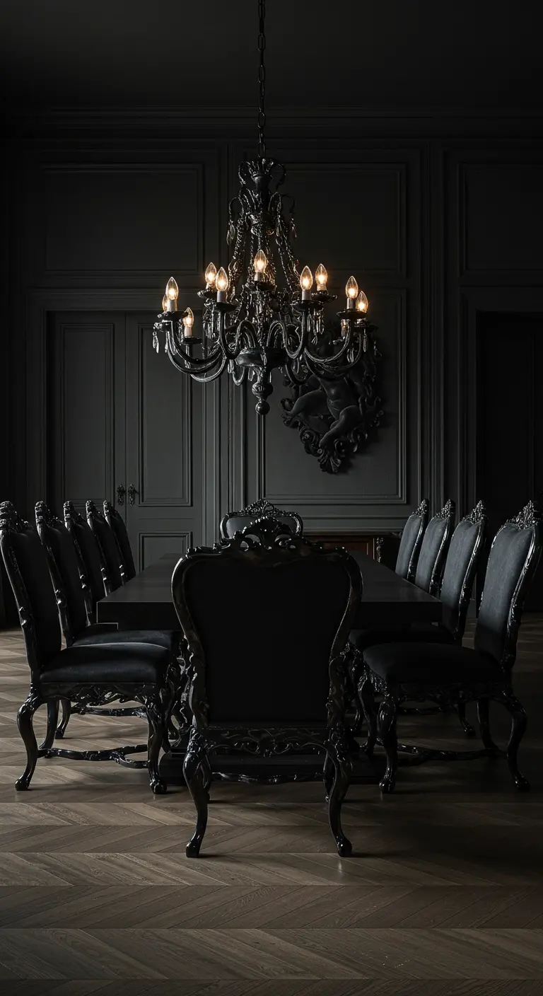 Donkere eetkamer met zwarte barokke stoelen, kroonluchter en geornamenteerde muurdecoratie.