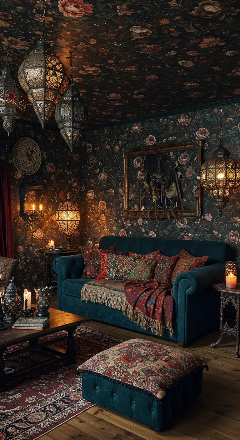 Bohemian woonkamer met donker bloemenbehang, Marokkaanse lantaarns en een petrolblauwe bank.