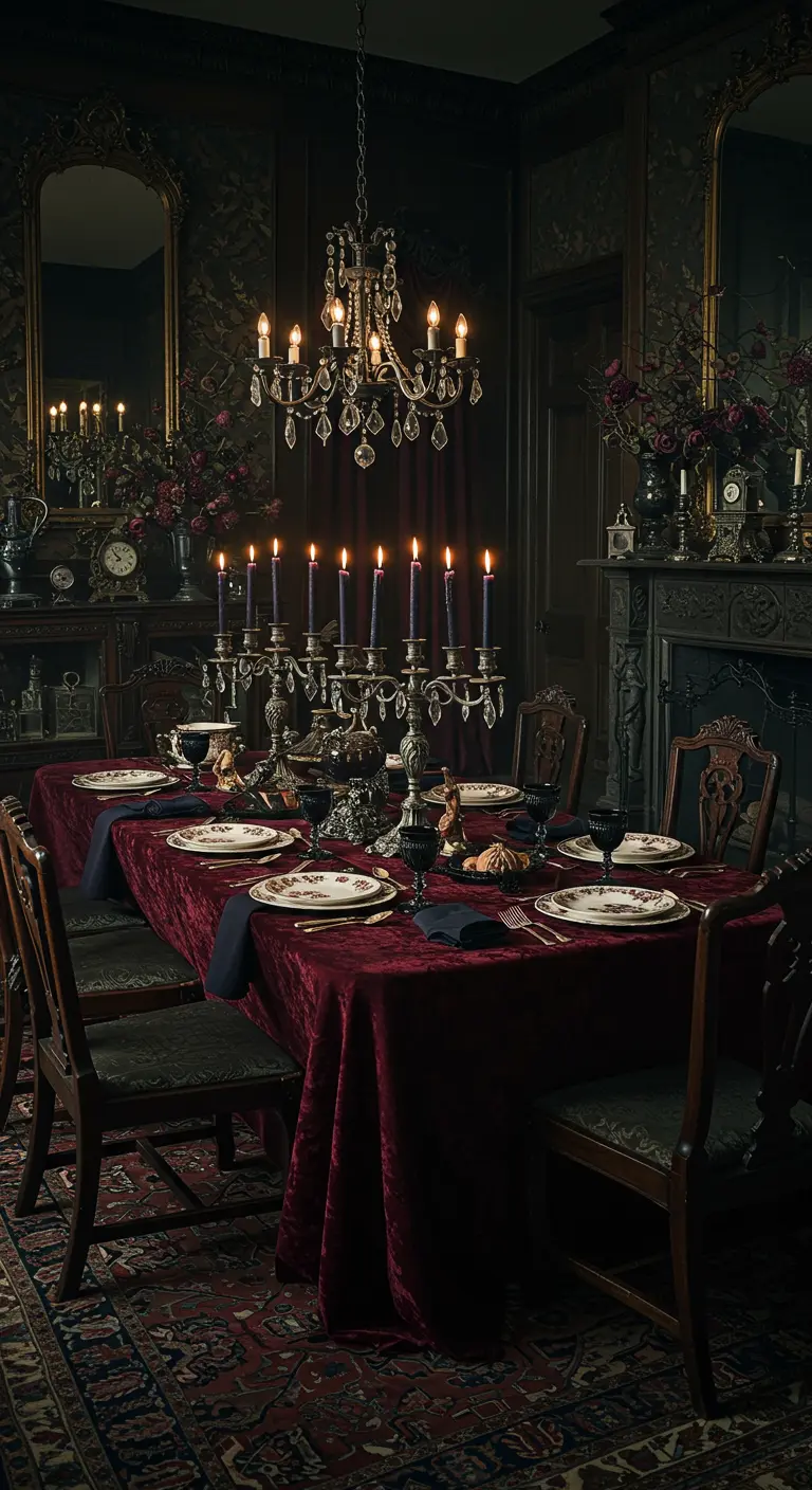 Gotische eetkamer met donkerrode tafelkleed, zilveren kandelaren en vintage borden.