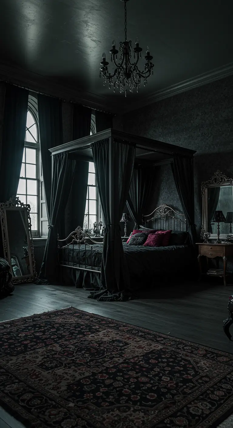 Gotisch romantische slaapkamer met hemelbed, donkere gordijnen en kroonluchter.