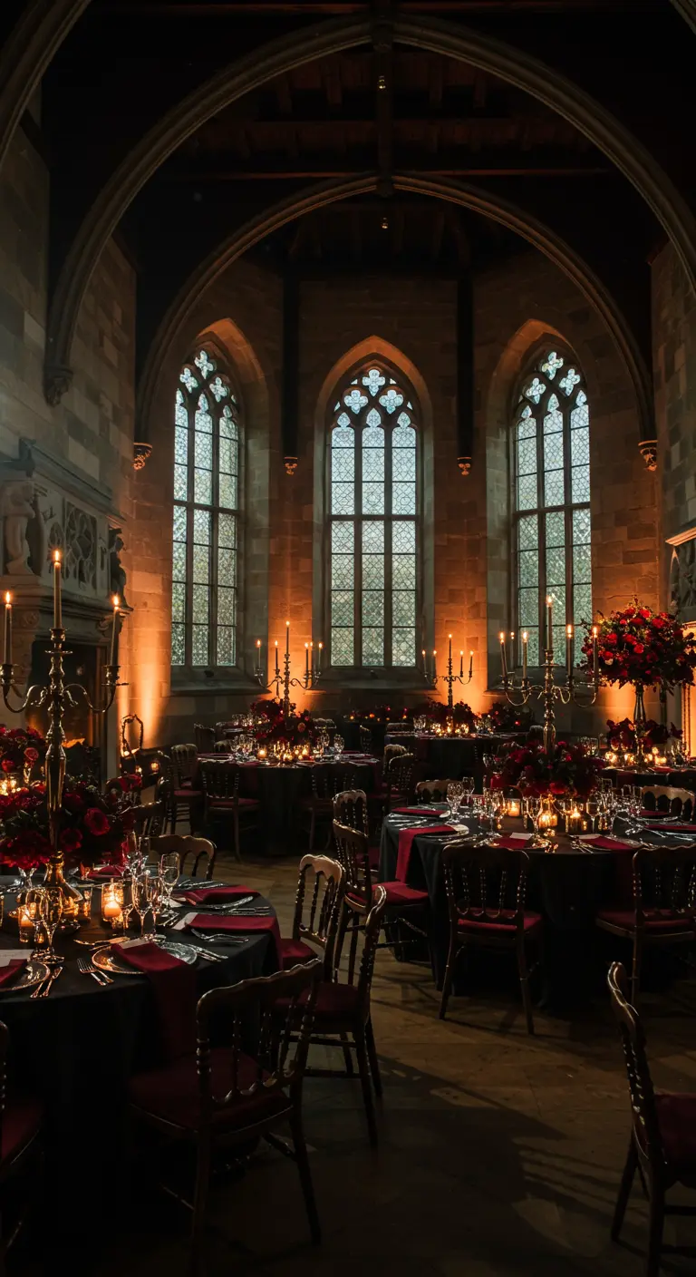 Donkere, sfeervolle bruiloftssetting in kasteel met ronde tafels, rood en veel kaarsen.
