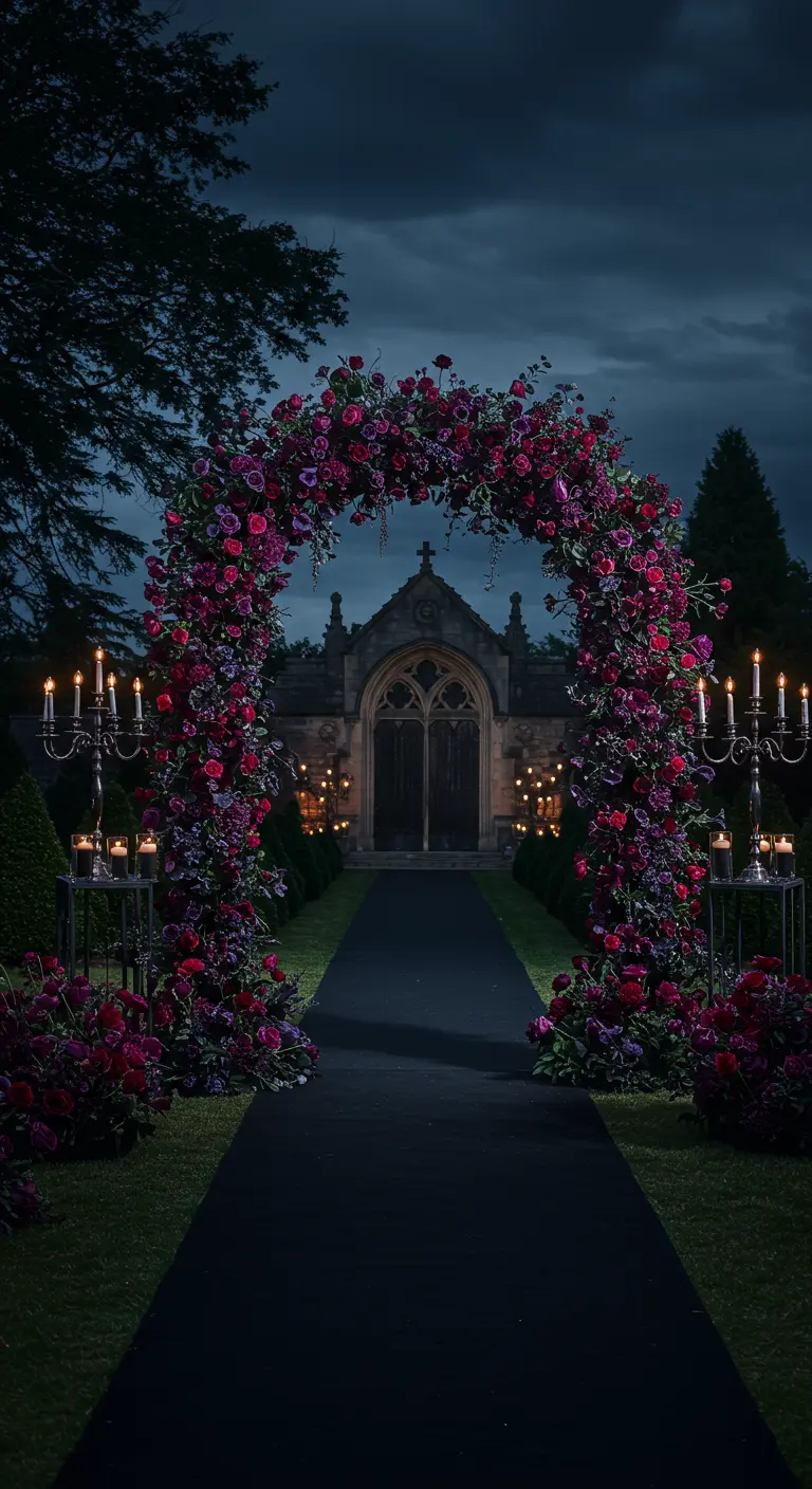 Donkere, dramatische bloemenboog met rode en paarse bloemen en veel kaarslicht.