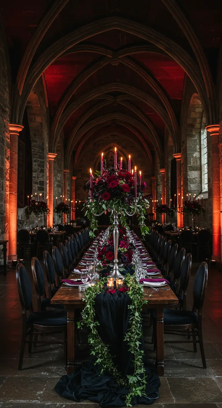 Dramatische gotische bruiloftstafel met dieprode bloemen, klimop en kaarslicht.