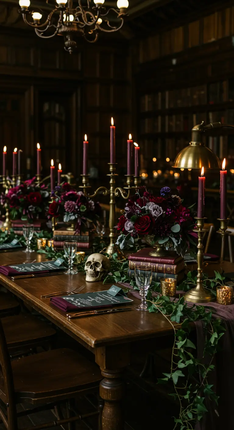 Donkere, sfeervolle tafel met hoge kaarsen, donkere bloemen, boeken en een schedel.