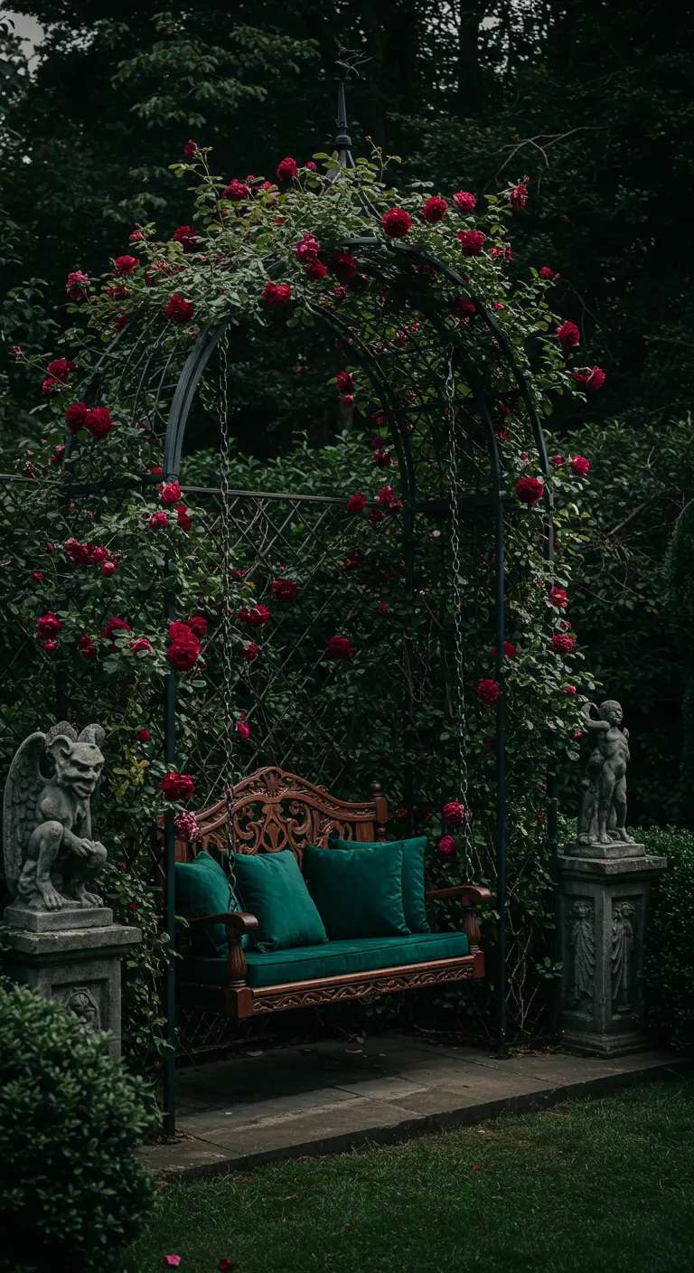 Donkerhouten schommelbank met groene kussens onder een zwarte metalen rozenboog in gotische stijl.
