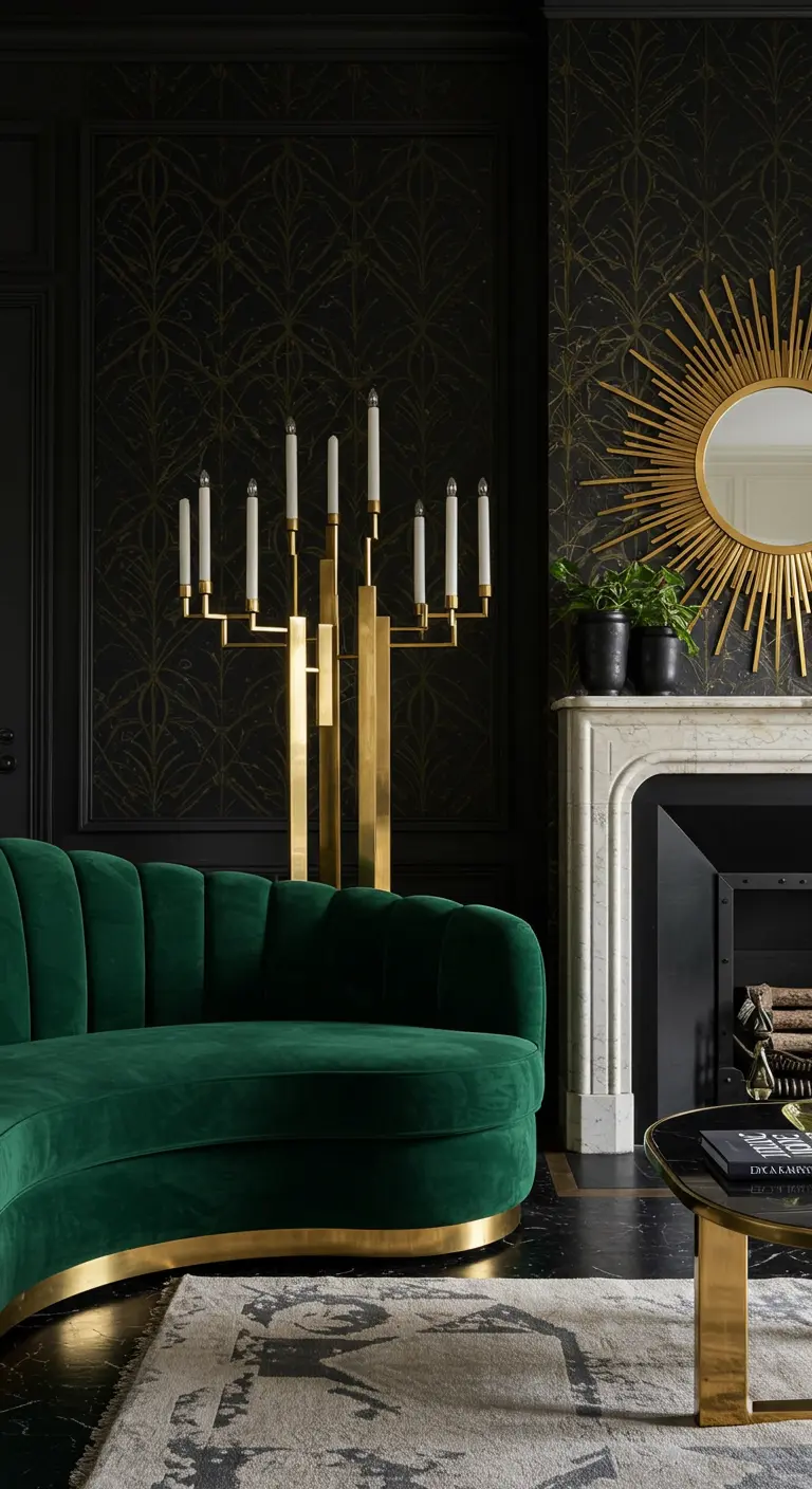 Moderne woonkamer met smaragdgroene fluwelen bank, gouden kandelaber en een zonnestraalspiegel.