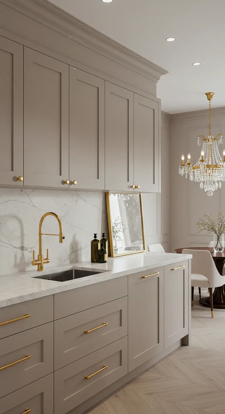 Beige keuken met marmeren achterwand, gouden kraan en gouden knopjes.