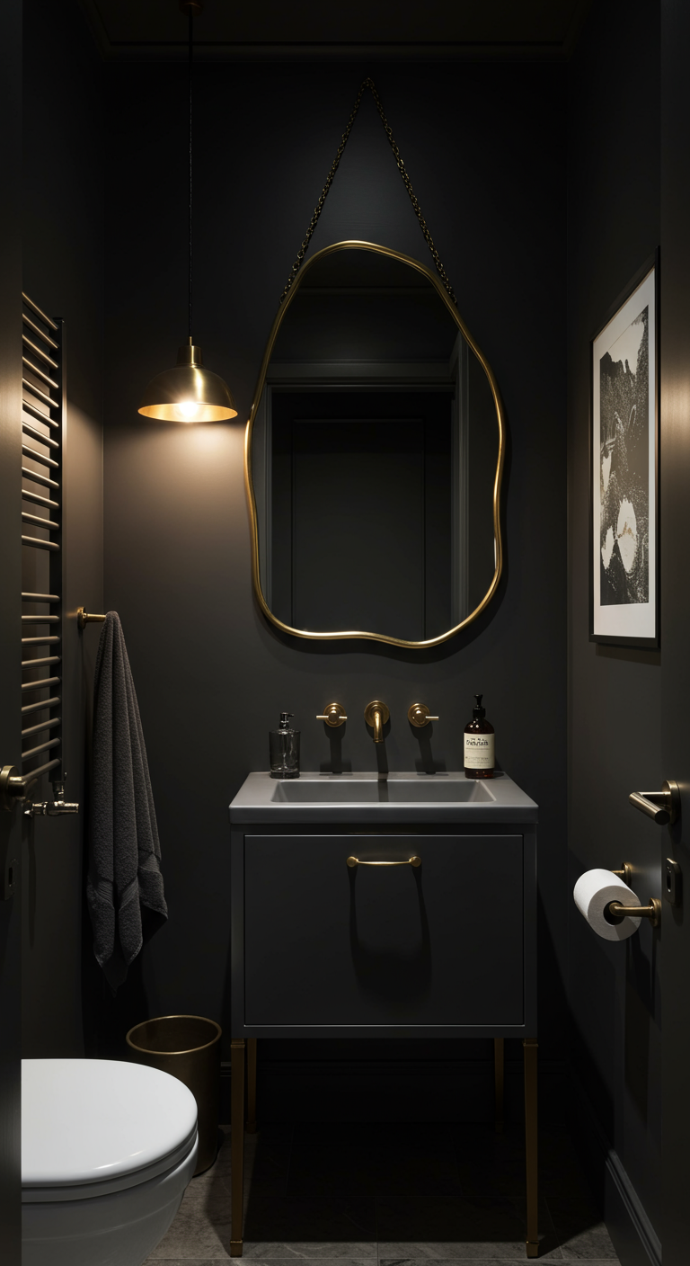 Donkere badkamer met gouden spiegel, gouden kraan en messing hanglamp.