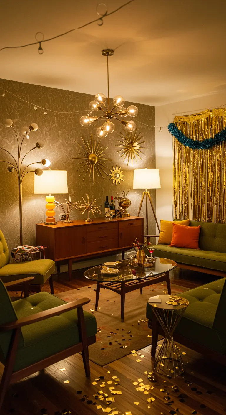 Retro woonkamer met mid-century meubels, gouden wanddecoratie en confetti.