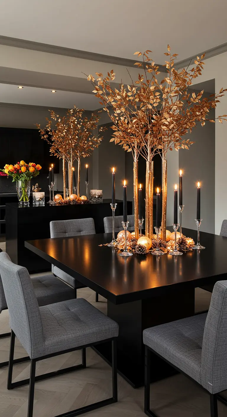 Zwarte eettafel met hoge gouden takken, zwarte kandelaren, gouden kerstballen en glimmende decoraties.