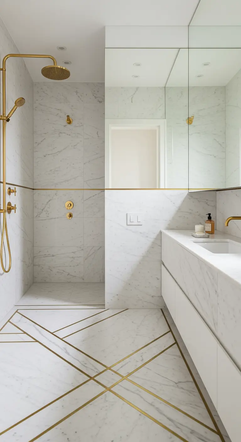 Witte marmeren badkamer met messing strips in de vloer en als accentlijnen.