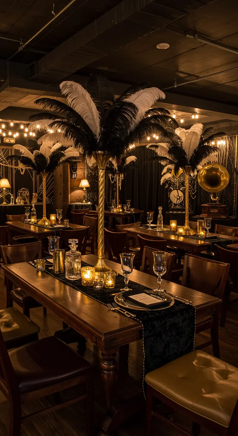 Verjaardagsfeest met Great Gatsby thema, veren en goud.