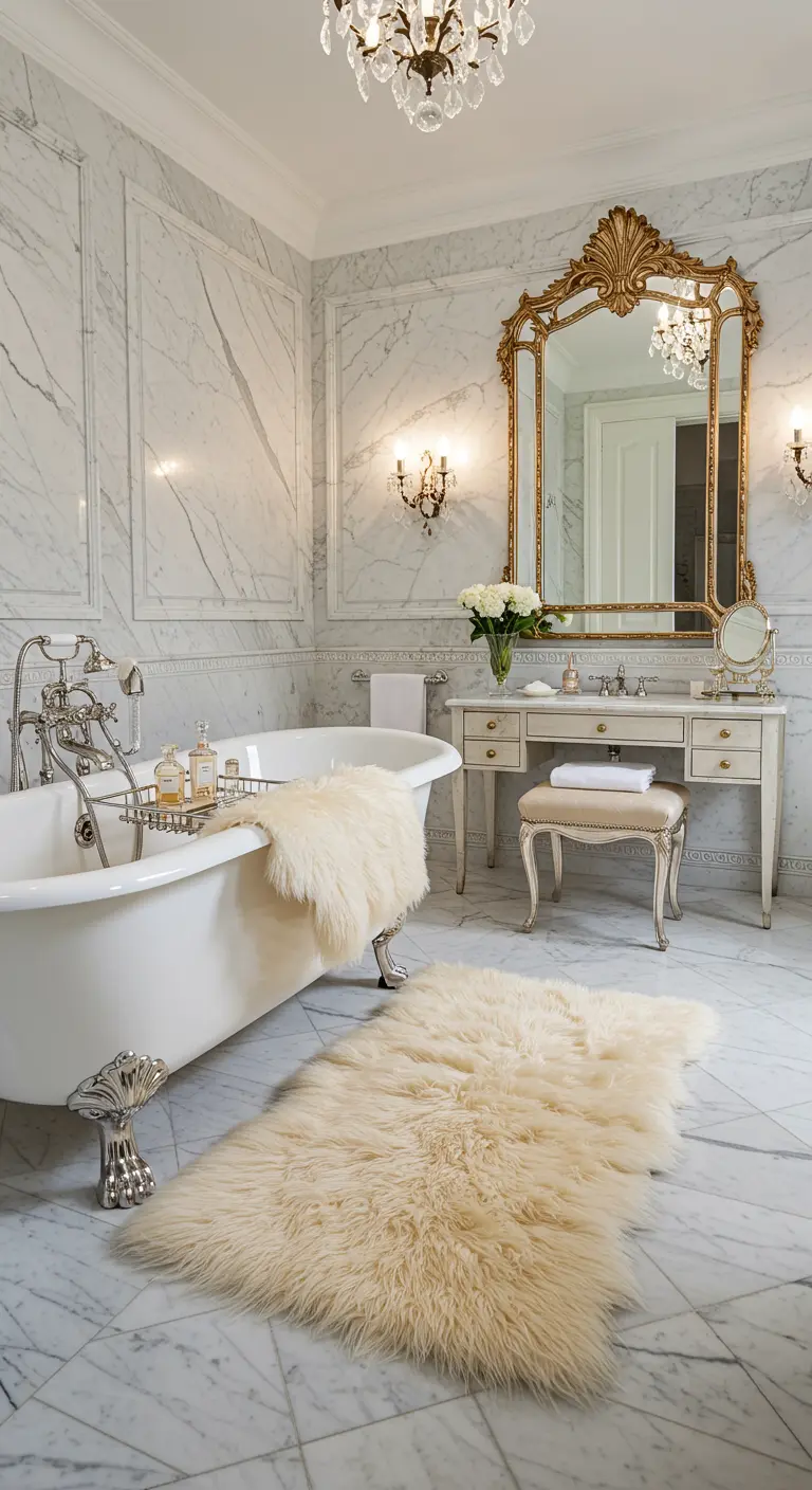 Luxe marmeren badkamer met gouden spiegel, vrijstaand bad en schapenvacht.