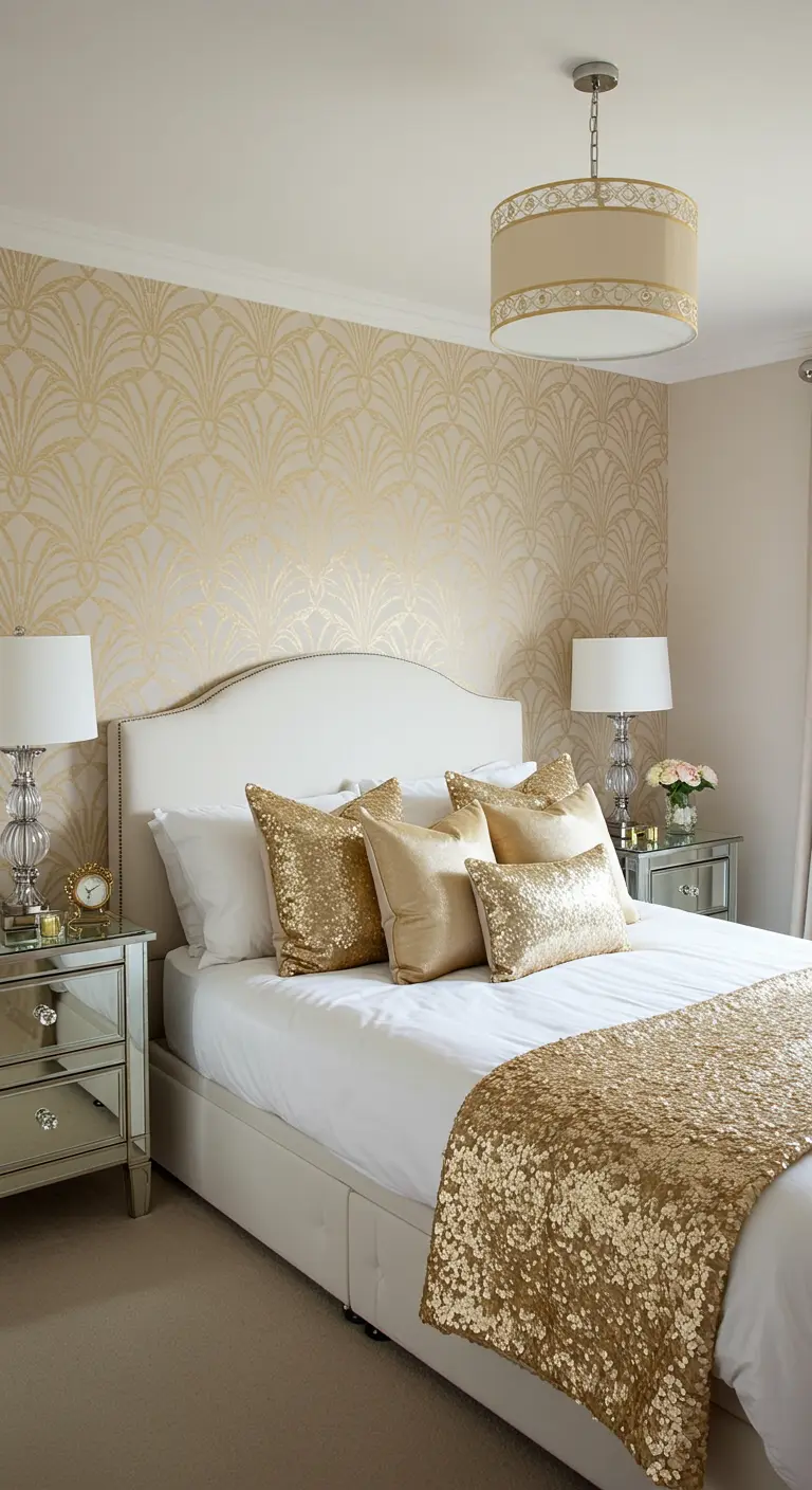 Luxe slaapkamer met goudpatroon behang, gouden kussens en spiegelende nachtkastjes.
