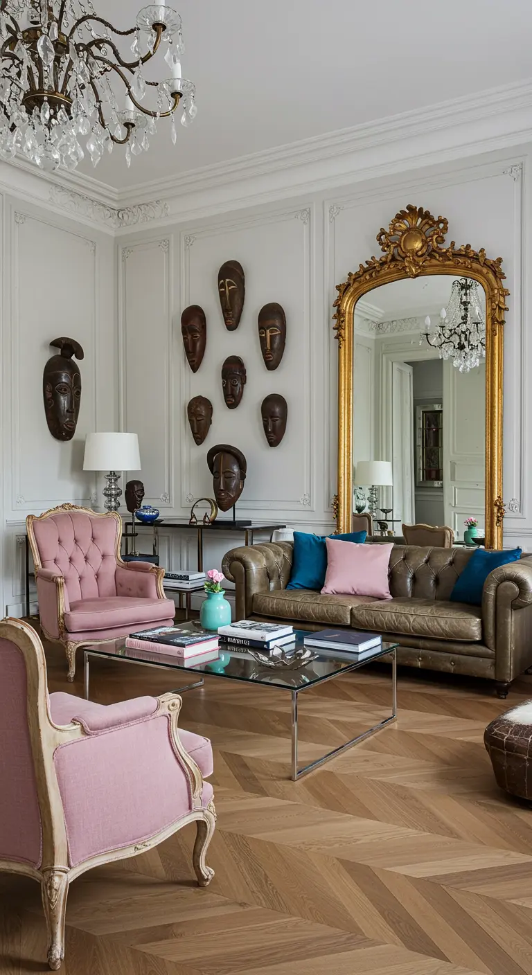 Elegante woonkamer met roze fauteuils, gouden spiegel en Afrikaanse maskers aan de muur.