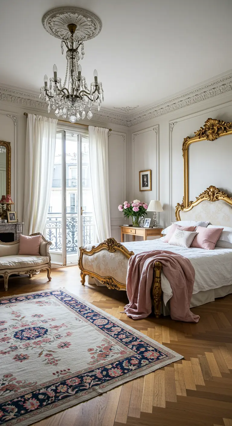 Elegante slaapkamer met goudomlijst bed, roze sprei, kroonluchter en klassieke details.