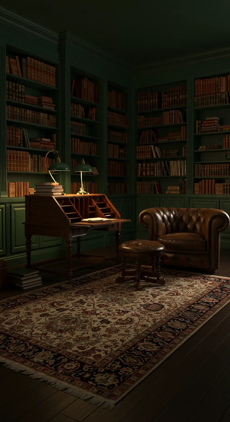 Donkergroene bibliotheek met klassiek bureau, leren fauteuil en een messing bureaulamp.