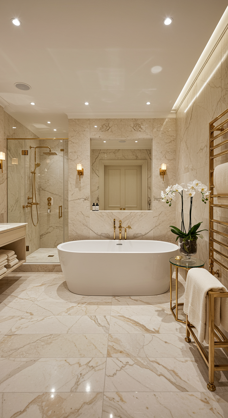 Luxe marmeren badkamer met gouden kranen en orchidee.
