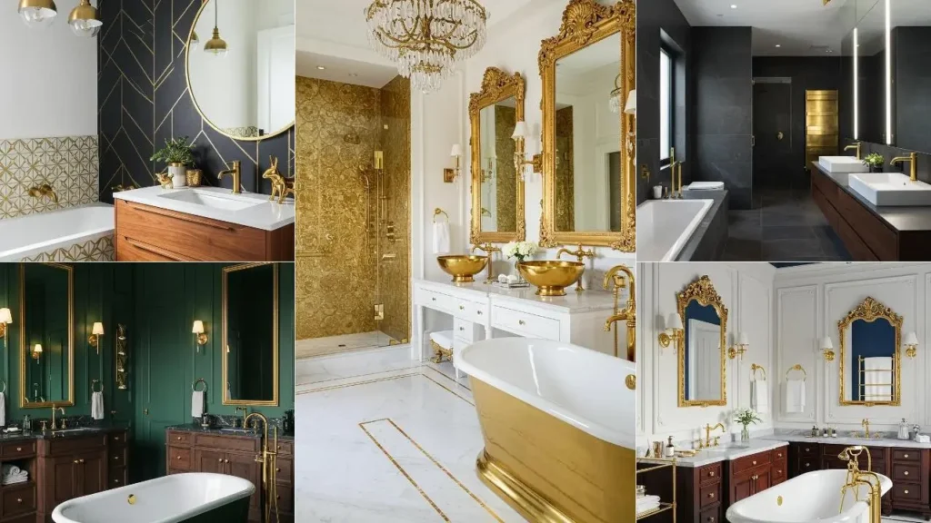 Collage van luxe badkamers met gouden accenten, zoals kranen, spiegels, verlichting en een gouden bad.