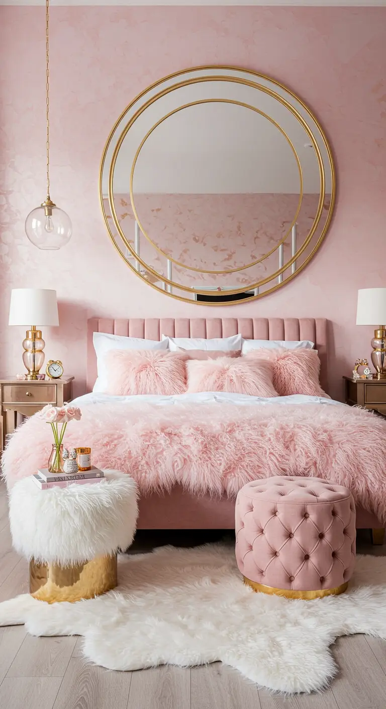 Grote ronde spiegel met een dubbele gouden ring als statement boven een roze gestoffeerd bed.