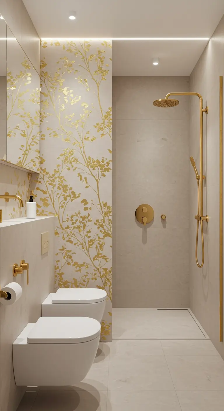 Badkamer met wand met goudkleurig bladmotief behang en gouden douche