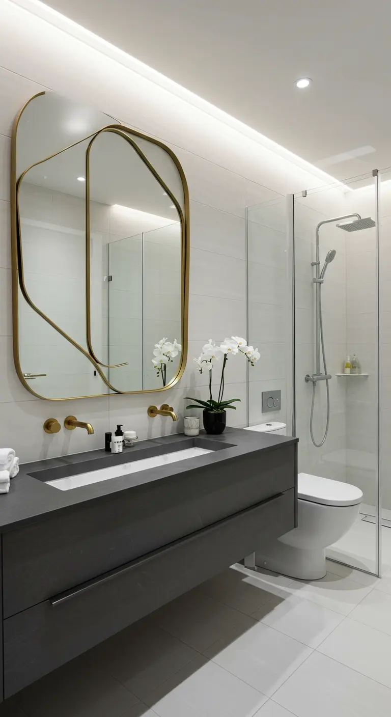 Moderne badkamer met een organisch gevormde spiegel met gouden rand boven een grijs meubel.