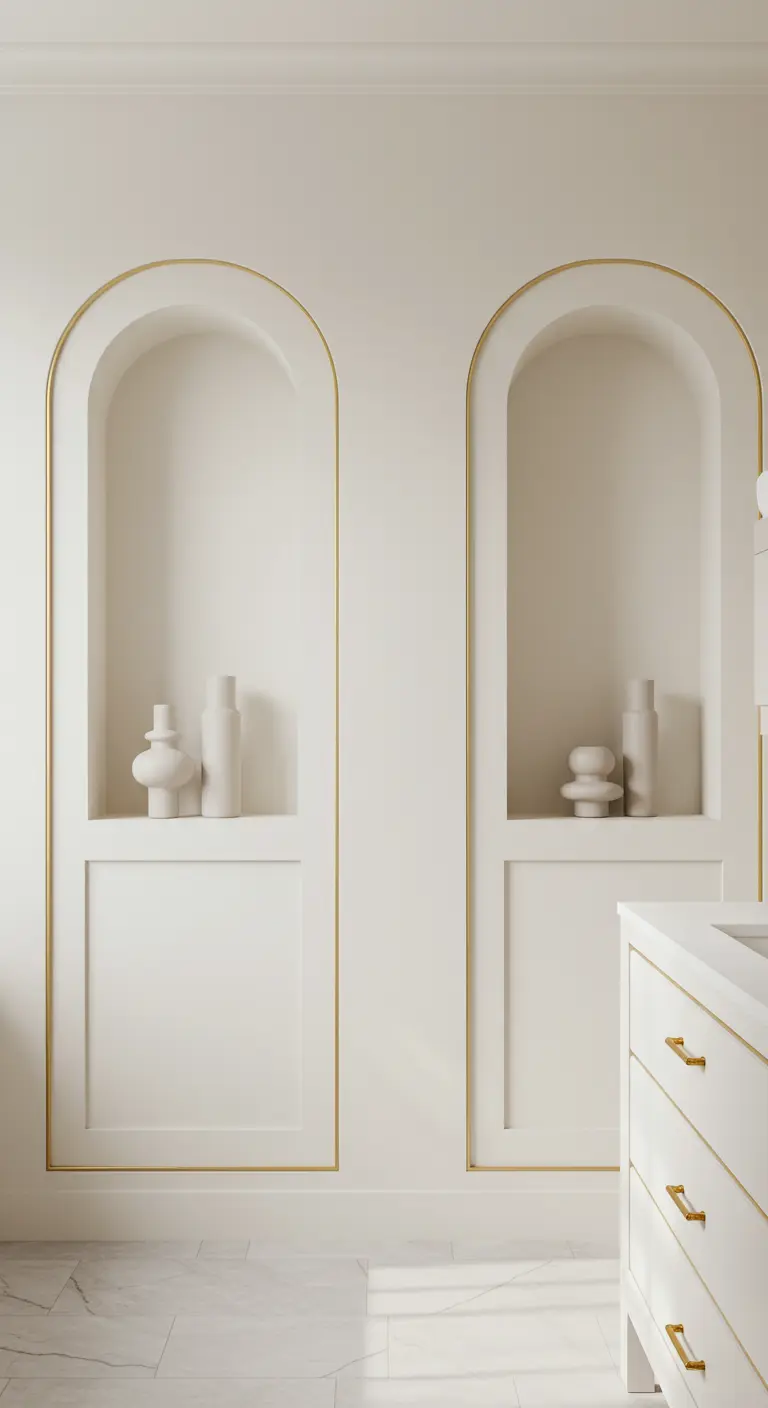 Witte badkamer met inbouwnissen omlijst met goud