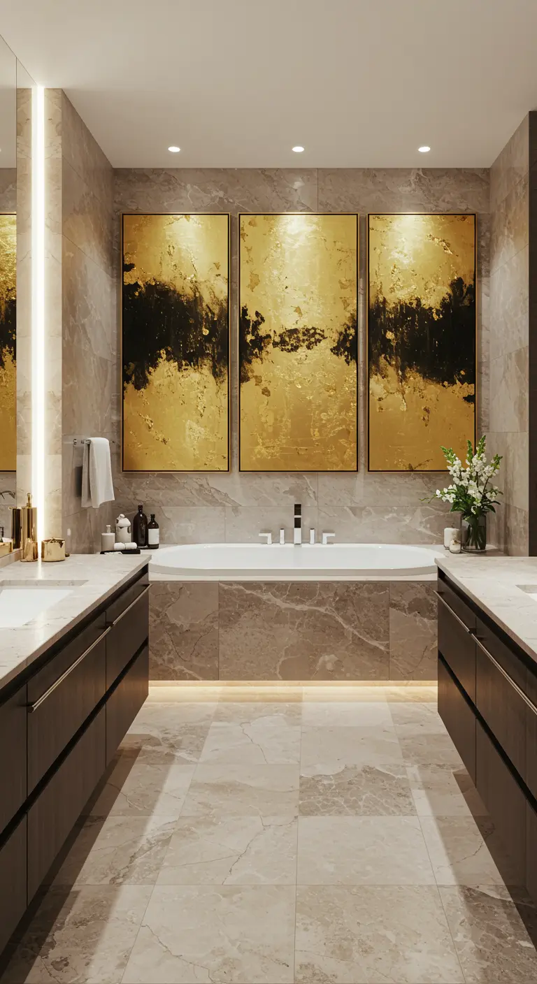 Luxe badkamer met marmer en een drieluik van abstracte goud-zwarte schilderijen boven het bad.