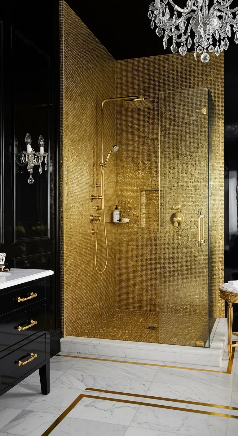 Douche volledig bekleed met goudmozaïektegels, zwarte accenten en kroonluchter.