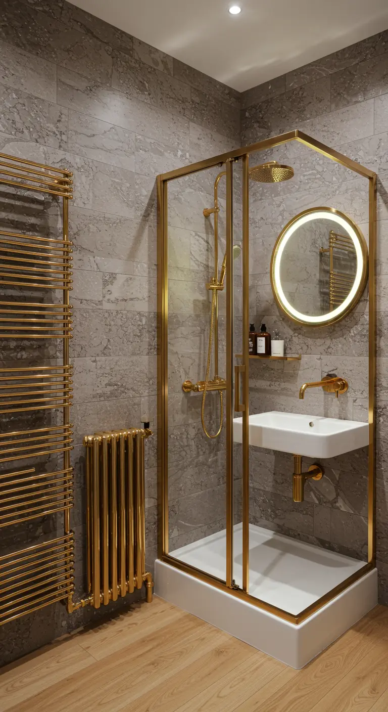 Gouden handdoekradiator en bijpassende verticale radiator in doucheruimte met gouden frame en marmerlook tegels.