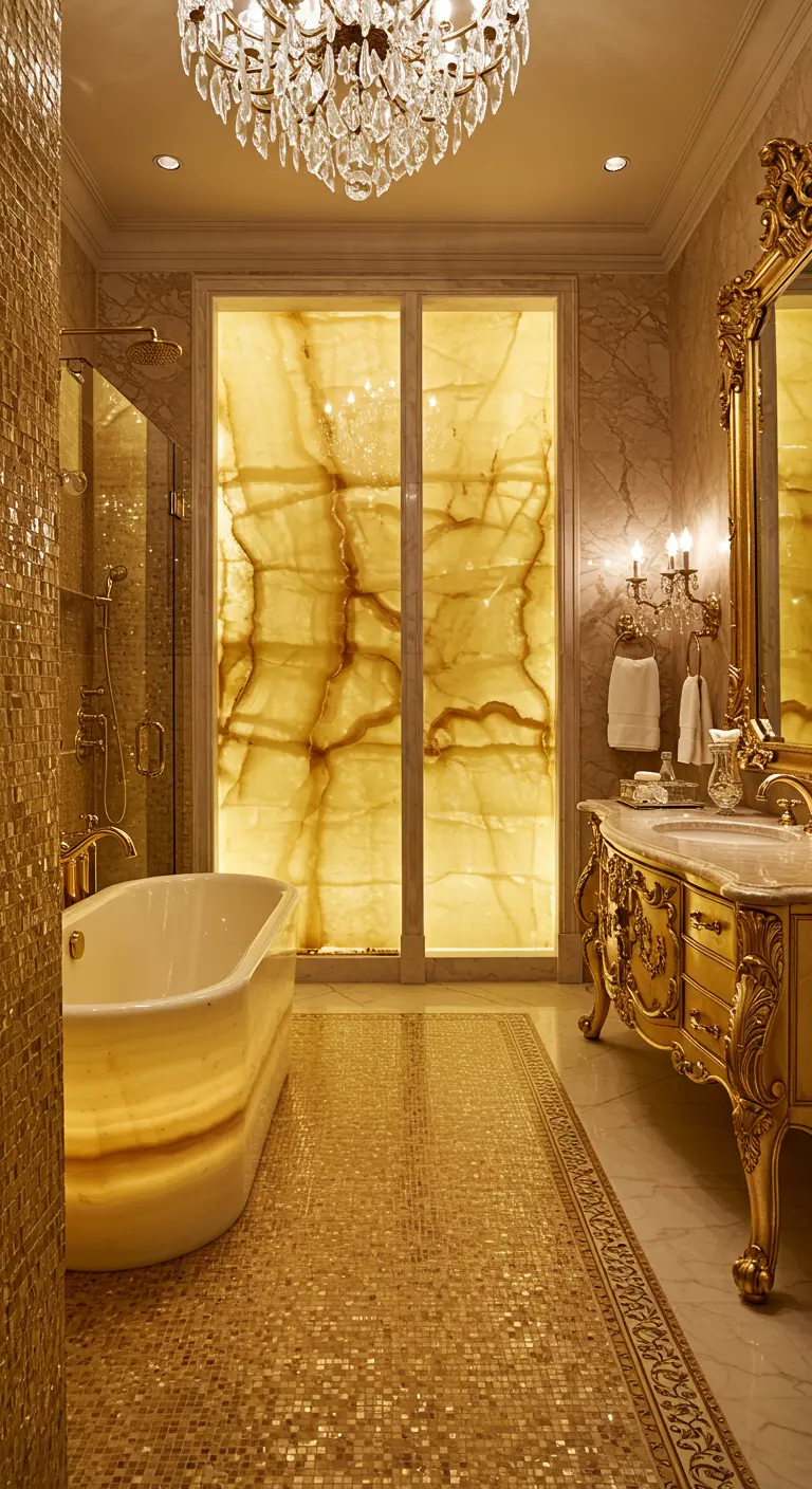 Extravagante badkamer met gouden mozaïektegels, verlichte onyx panelen, en barokke gouden meubels.