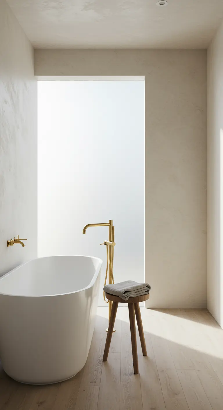 Minimalistische badkamer met vrijstaand bad en gouden kranen