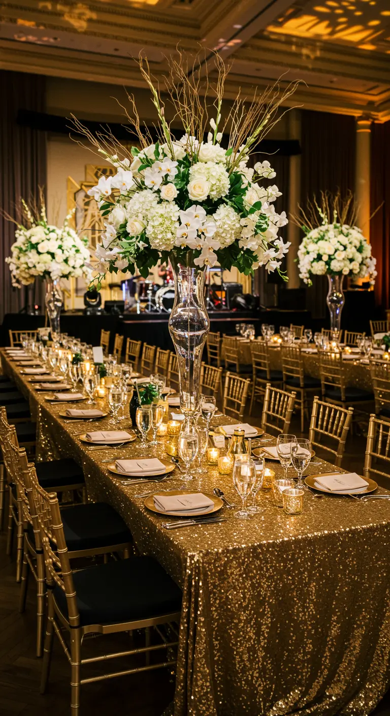 Extravagante high tea met gouden pailletten tafelkleed, hoge bloemstukken en gouden stoelen.