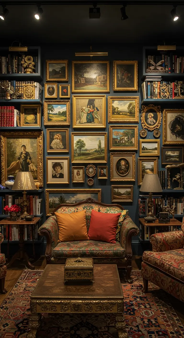 Maximalistische woonkamer met donkerblauwe muren en een volle gallery wall met gouden lijsten.