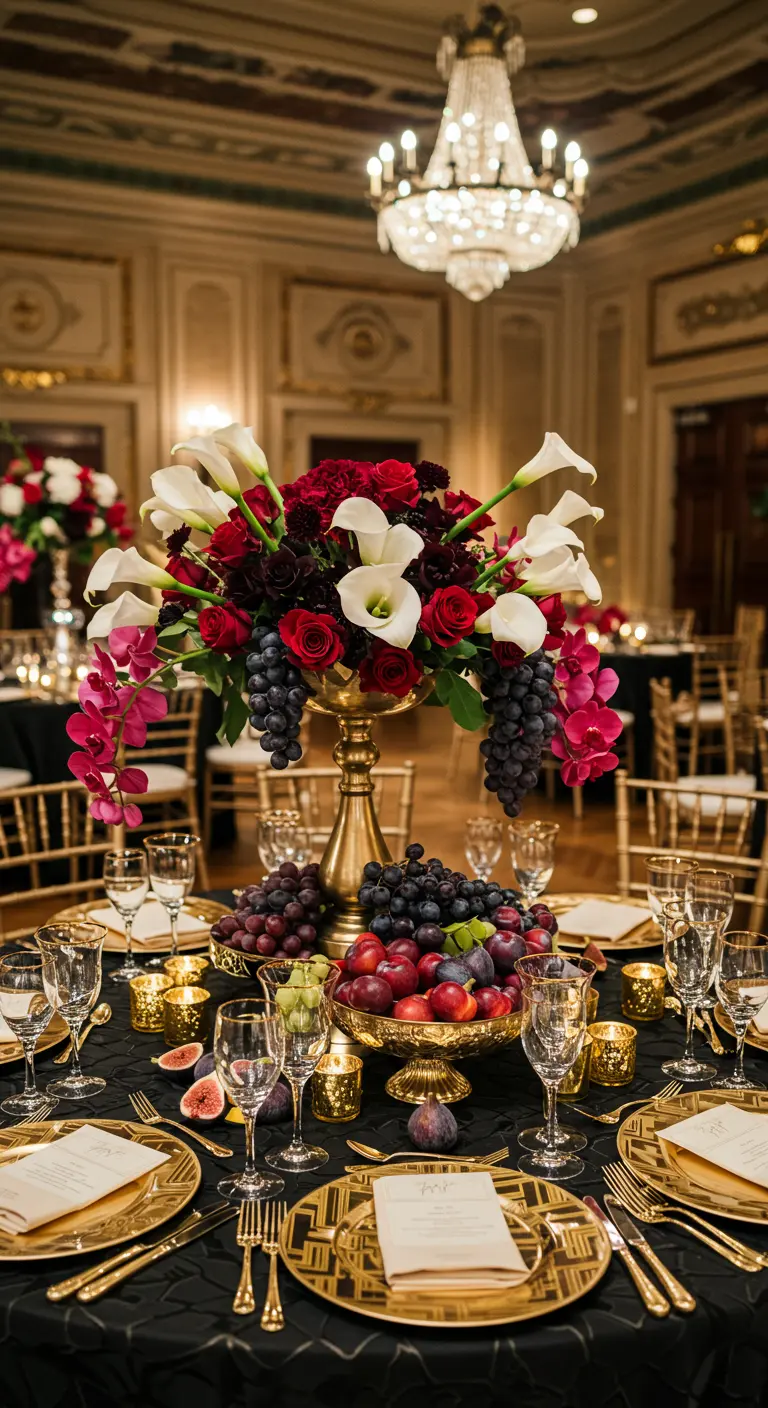 Luxueuze tafel met zwart linnen, gouden details, calla's, rode rozen en donker fruit.