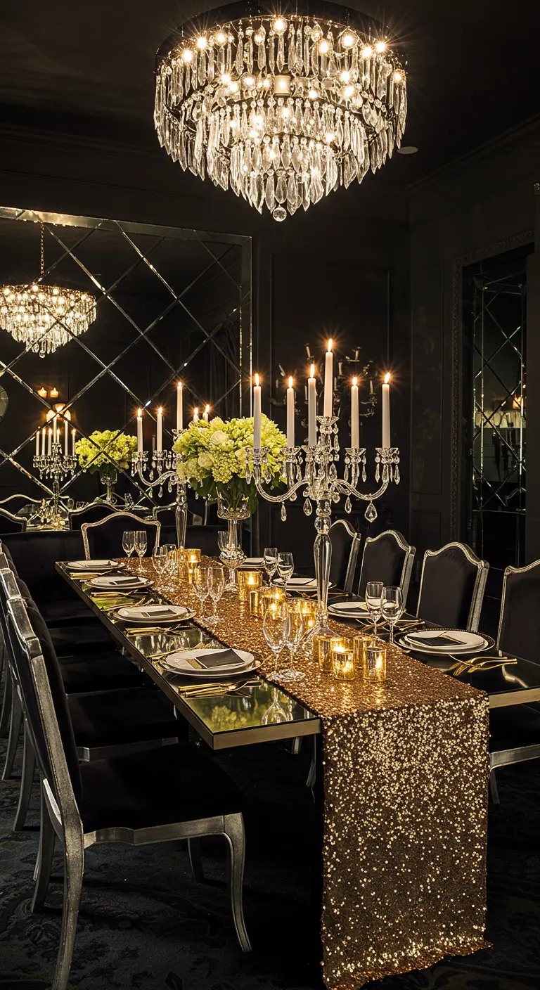 Luxe gedekte lange tafel met gouden paillettenloper en kristallen kandelaars.