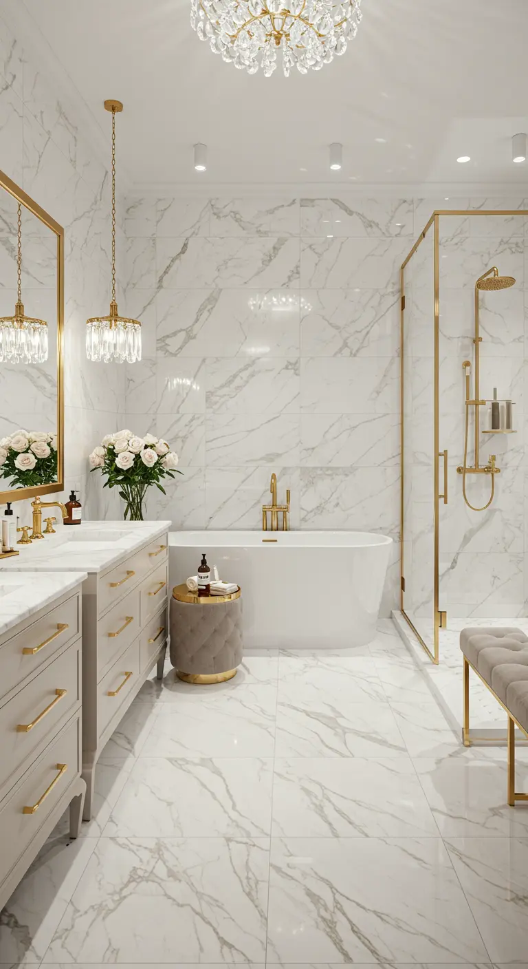 Luxe badkamer met witte marmerlook tegels, gouden accenten en kristallen kroonluchter.