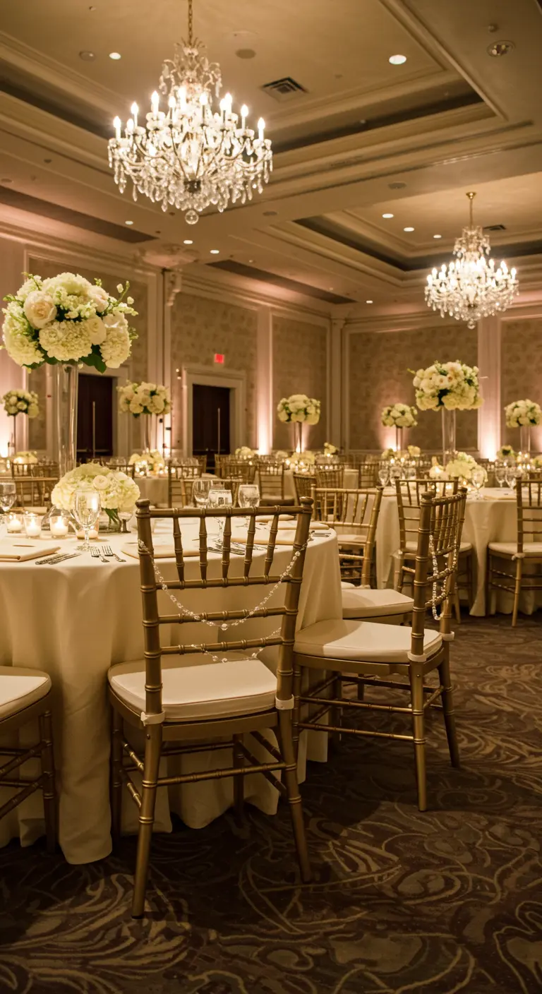 Gouden chiavari stoel met een parelsnoer over de rugleuning in een chique ballroom.