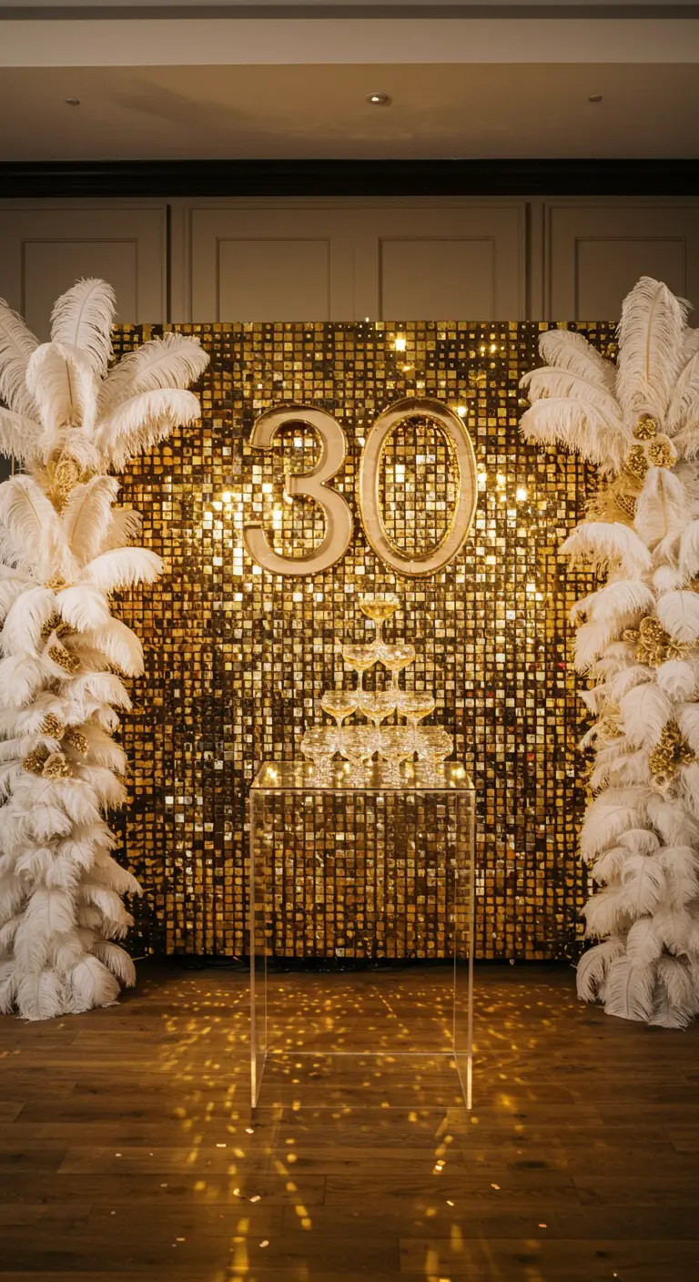Gouden pailletten backdrop met '30', witte veren en champagnetoren voor een luxe feest.