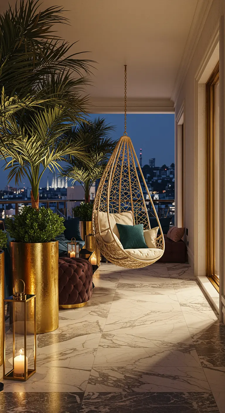 Luxe balkon met marmeren vloer, gouden plantenbakken, palmboom en gouden hangstoel.