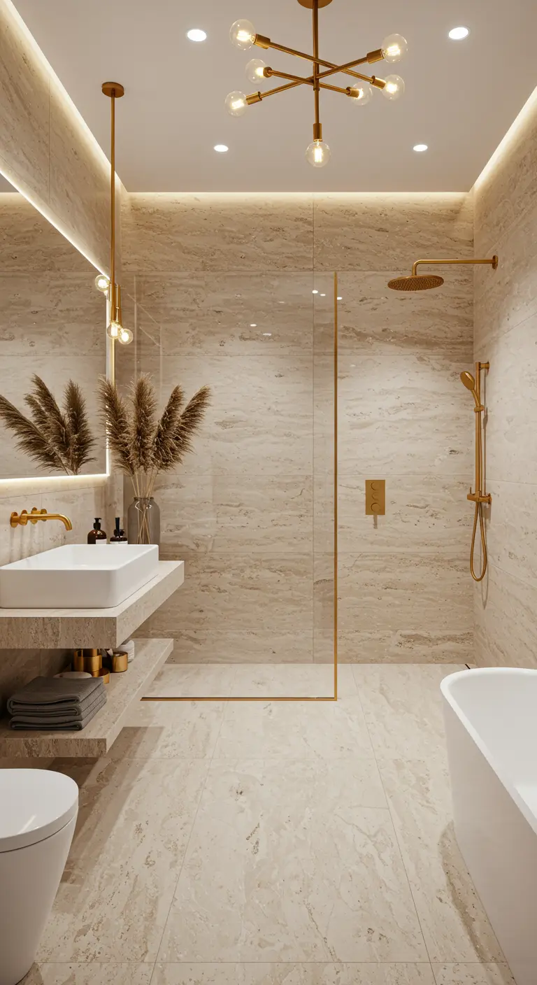 Badkamer met marmerlook tegels, gouden kranen en pampasgras.