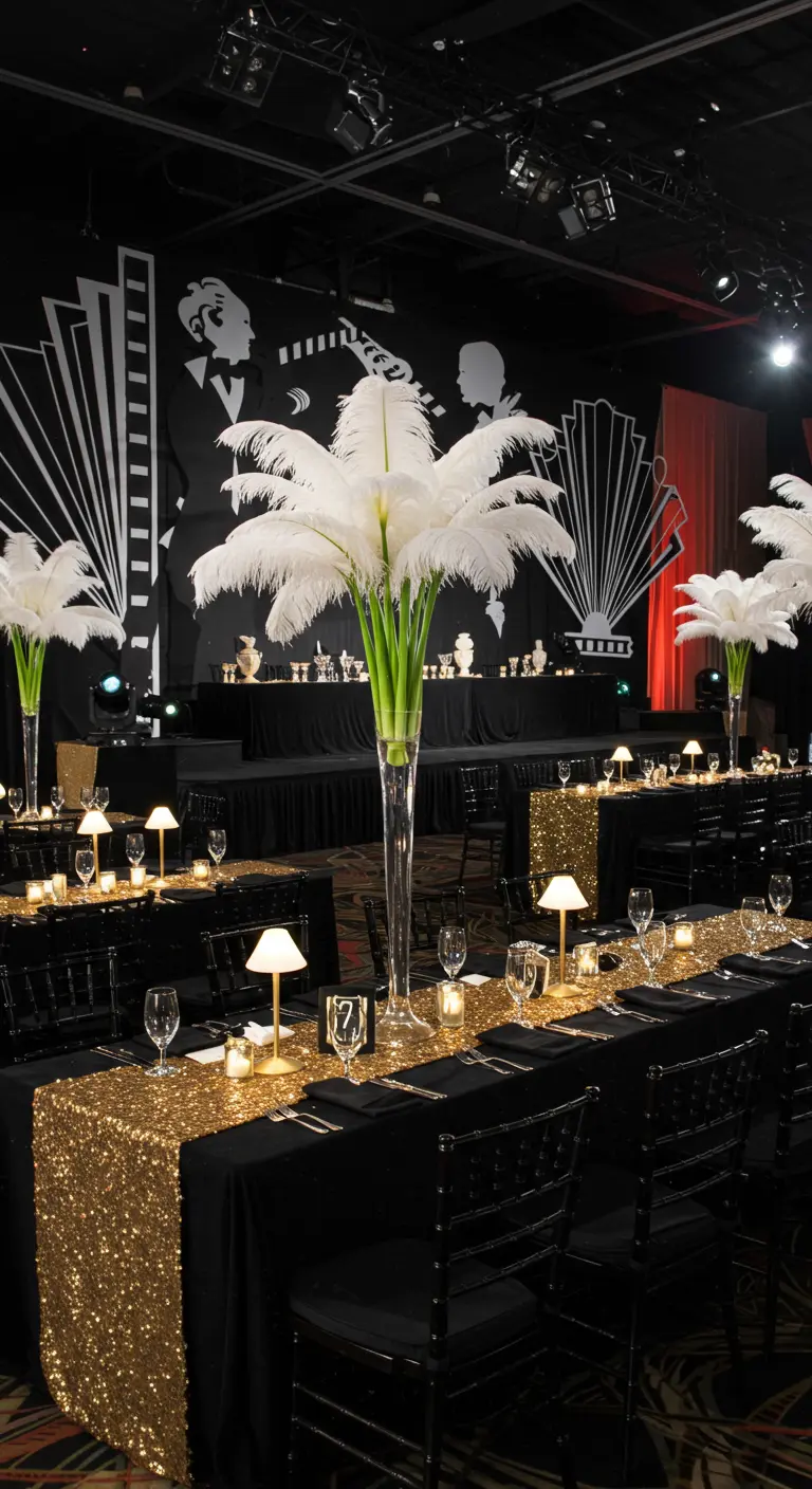 Gatsby-stijl feesttafel met gouden pailletten loper, zwarte stoelen en witte veren.