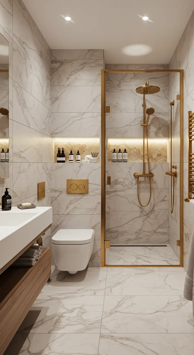 Badkamer met marmerlook tegels, gouden doucheprofielen en kranen, verlichte nis.